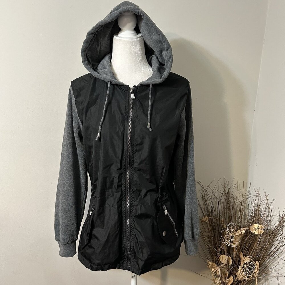 Love Me Now Women Black Gray Hooded Zip Up Causal Jacket Lined Drawstring Sz L